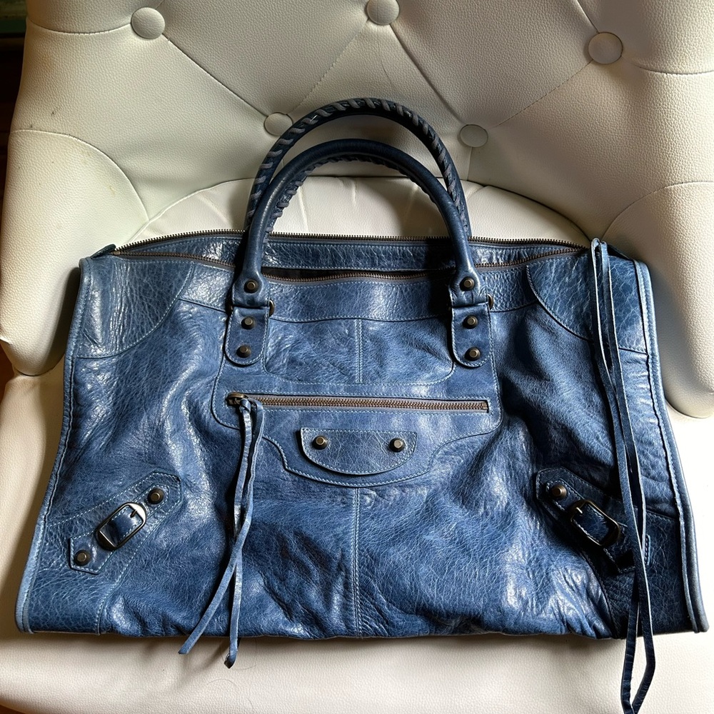 Balenciaga Navy Blue Leather Tote